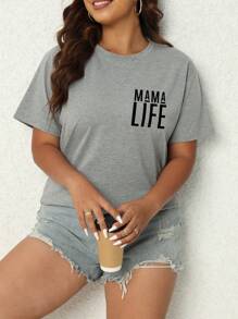 SHEIN Essnce Plus Size Women's Letter Printed Short Sleeve T-Shirt - Grey - View 1
