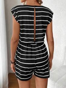 SHEIN LUNE Women's Black Striped Jumpsuit With Hollow Back Design
