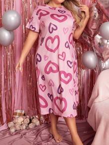 Snug Zone Plus Size Women's Heart Printed Pajama T-Shirt Dress For Sleepwear, Long Dress - Pink - View 4