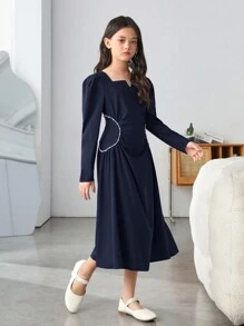 SHEIN Leap Crew Tween Girls' Vintage Mid-Length Dress With Faux Pearl Decor And Long Sleeve, Elegant Style - Navy Blue - View 5