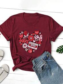 Imprimare cu litere la modă și la modă, tricou casual pentru femei - Burgundia - Vizualizare 1