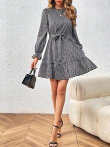 SHEIN Frenchy Của phụ nữ In Tay áo xù Váy có thắt lưng - Nhiều màu - Xem 3