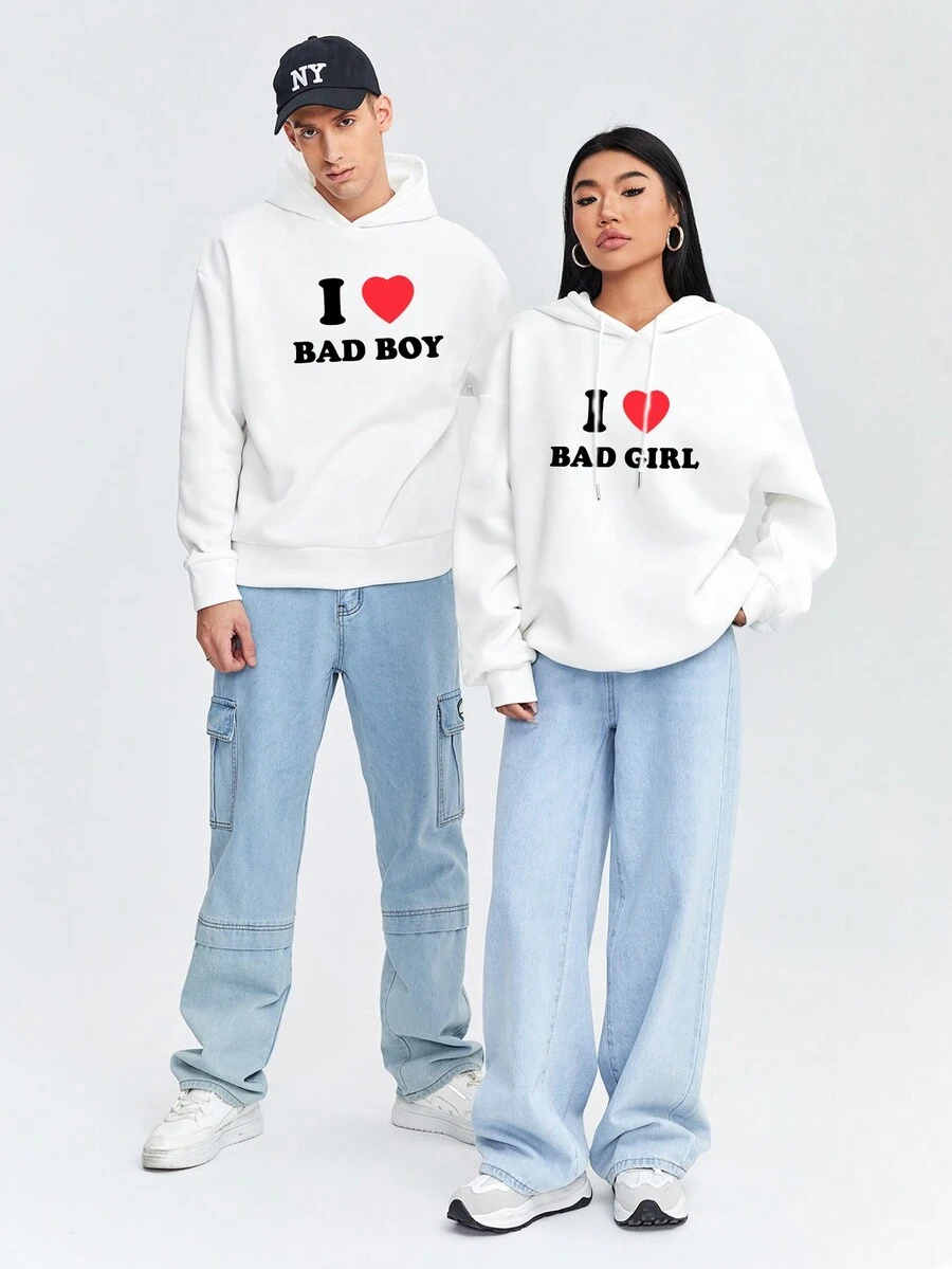 Manfinity Hypemode 1件男士字母和心形印花卫衣 - 白色 - 查看 1