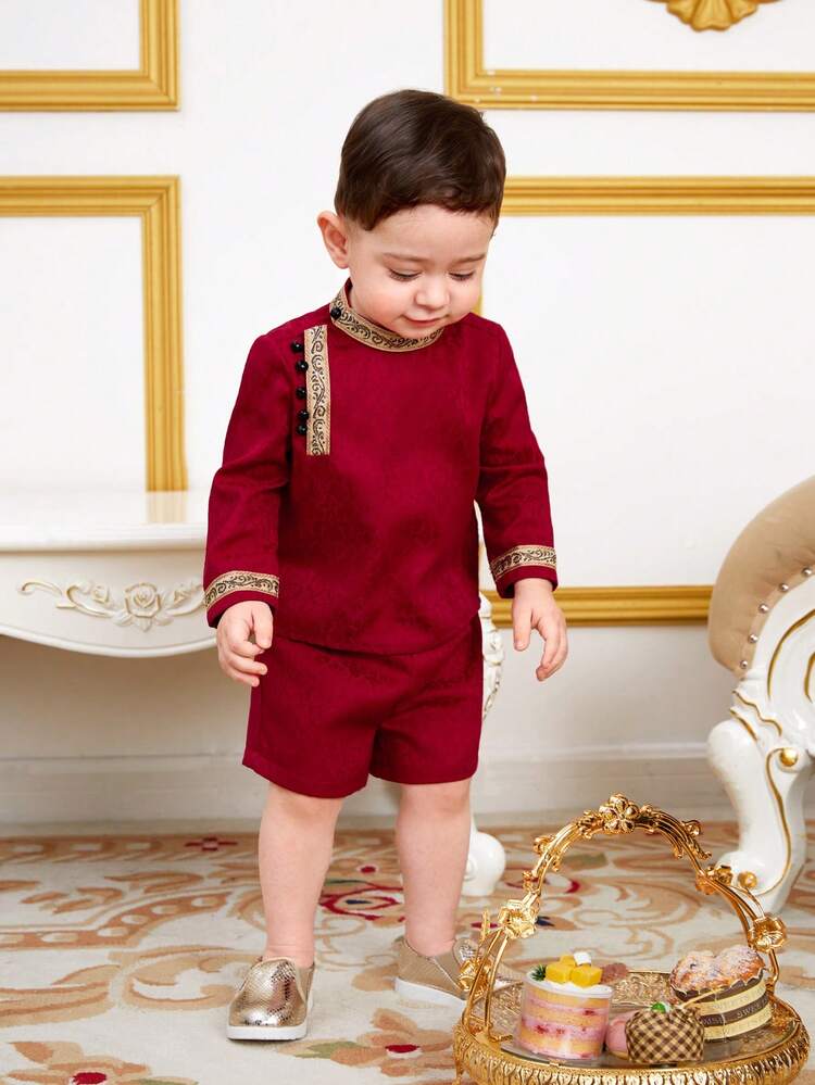 Baby Boys' Traditional Stand Collar Top With Woven Tape And Shorts Set