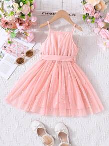 SHEIN 1 pieza Vestido blanco plisado simple y casual de moda para niña, versátil para uso diario y escolar