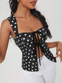 Jelisart Artist Women's Heart Printed Knot Front Tank Top, Holiday, Festival - Black and White - View 5