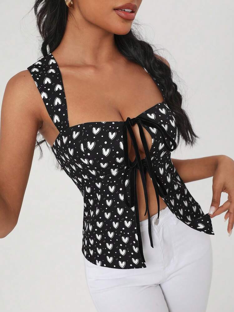 Artist Women's Heart Printed Knot Front Tank Top, Holiday, Festival