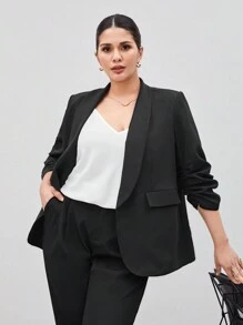 BizChic 秋冬女式加大码纯色披肩领前开襟西装外套 - 黑色 - 查看 9