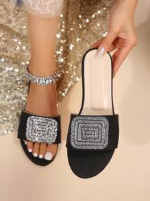 時尚大尺碼方頭鑽石平底涼鞋，適用於春夏戶外海灘穿著 - 黑色 - 查看 1