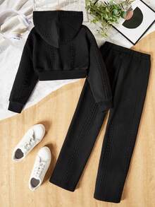 SHEIN Tween Girls' Knitted Jacquard Fabric Zipper Hooded Sweater And Pants Set - Black - View 2