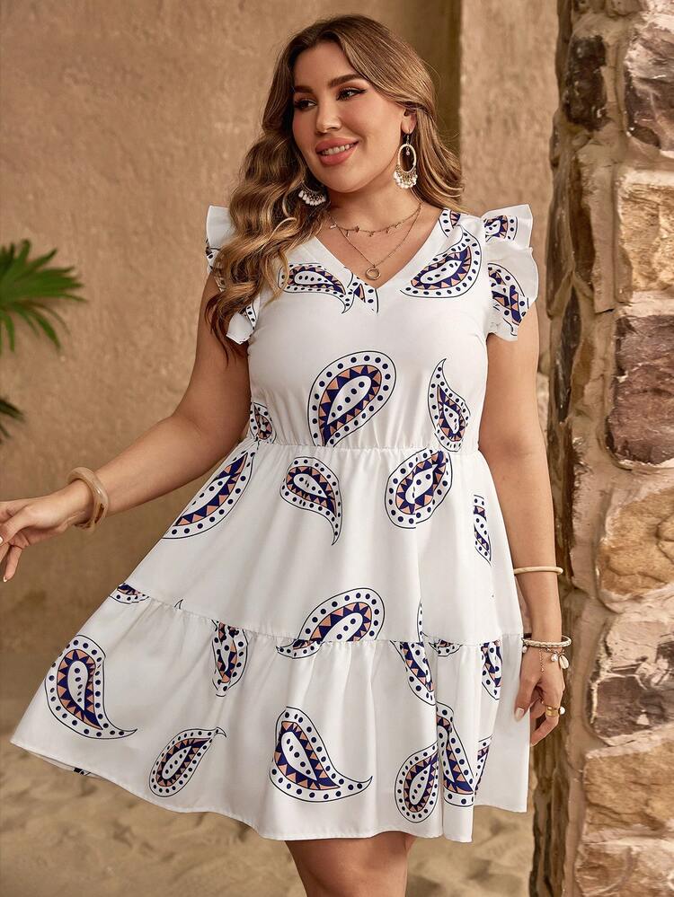 Plus Size Ruffle Hem Dress With Paisley Print