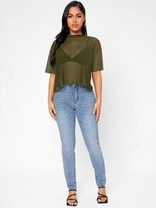 SHEIN PETITE Của phụ nữ Màu thuần Lưới Thả vai Áo - Màu xanh Ô liu - Xem 4