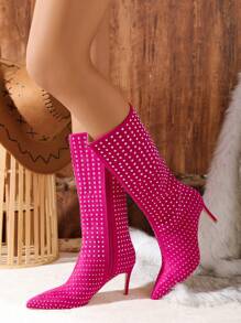 Botas Rosadas Con Pedrería Para Mujeres, De Estilo De Fiesta A Media Pierna, A La Moda Y A La Última - Rosa Fucsia - Ver 4