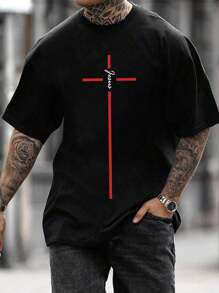 男圓領字母印花t卹 - 黑色 - 查看 1