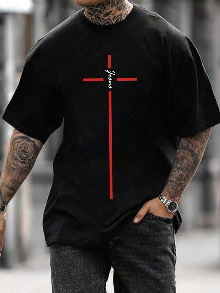 男圓領字母印花t卹 - 黑色 - 查看 1