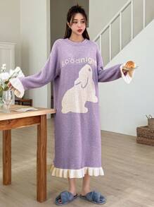 DAZY 女款拼色卡通字母印花家居服連身裙 - 紫色 - 查看 5