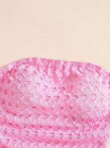 SHEIN EZwear 女士純色網眼褶皺無肩帶上衣 - 玫紅色 - 查看 4