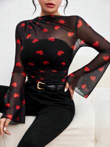 SHEIN LUNE Top De Malla Transparente En Forma De Corazón Con Mangas Acampanadas