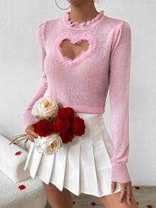 SHEIN Unity Áo len dài tay nữ có bèo nhún và viền trang trí, kiểu áo chui đầu dệt kim mùa thu đông. - Hồng - Xem 1