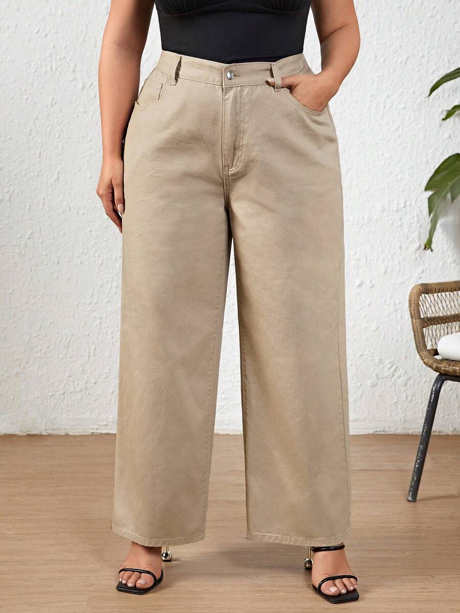 SHEIN LUNE Plus Size Solid Color Straight Leg Jeans - Khaki - View 1
