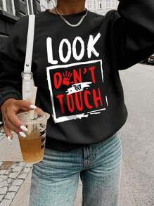 SHEIN LUNE 大尺寸字母印花圓領套頭衫 - 黑色 - 查看 1