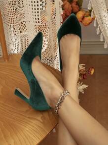 Women's Pointed Toe Emerald Green Asymmetric Chunky Heel High Heels - Dark Green - View 5