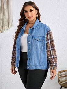 EMERY ROSE Chaqueta Vaquera Con Patchwork A Cuadros De Talla Grande - Lavado ligero - Ver 3