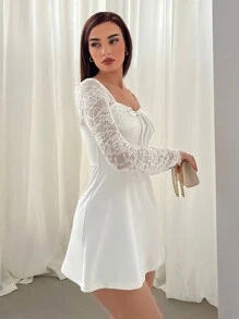 Aloruh Ladies' Solid Color Lace Joint Sweetheart Neckline Self-Tie Dress - White - View 4