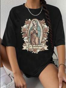 SHEIN EZwear 花朵、字母和印花 T 卹 - 黑色 - 查看 1