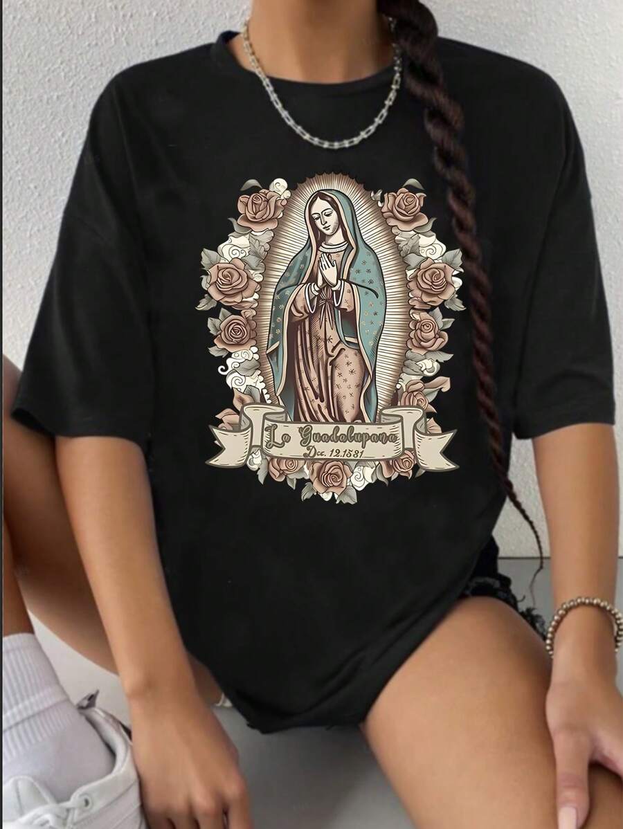 SHEIN EZwear 花朵、字母和印花 T 卹 - 黑色 - 查看 1