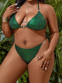 SHEIN Slayr Kích thước lớn Màu thuần Bộ Bikini Với Knotted Bên Chi tiết Lễ hội hóa trang - màu xanh lá - Xem 5
