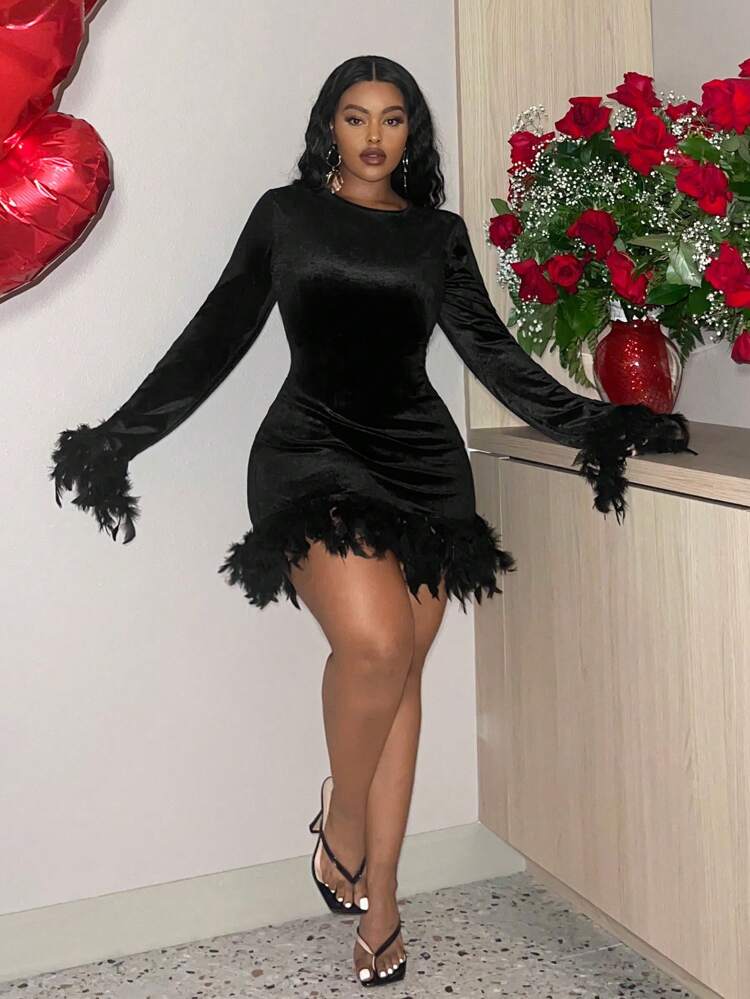 Plus Size Fuzzy Sleeve Cuff And Hemline Bodycon Dress