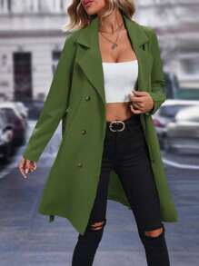 SHEIN Frenchy Women'S Double-Breasted Trench Coat With Pocket And Side Button Details - Army Green - View 3