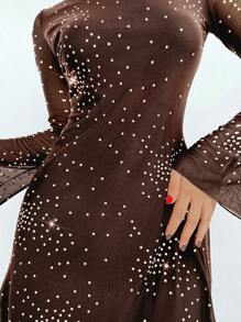 Aloruh 女士網格覆蓋荷葉袖連衣裙 - 棕色 - 查看 5