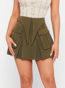 Hauture Flap Pocket Pleated Hem Skirt - Army Green - View 1