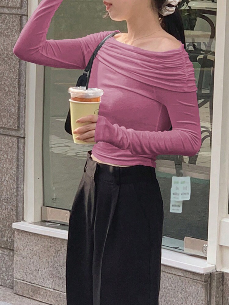 DAZY Của phụ nữ Off-shoulder Tay áo dài Áo thun - Màu Hồng Tươi - Xem 5