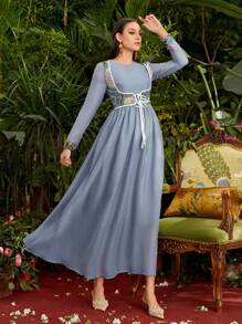 Al Najma Của phụ nữ Vá lại Dệt hoa Eo-thắt chặt Đầm - Màu xanh lam - Xem 4