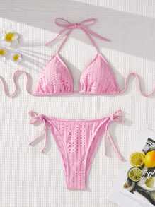 Swim Mod 女士纯色吊带三角比基尼套装上衣搭配打结侧边下装比基尼套装夏季海滩 - 粉色 - 查看 1