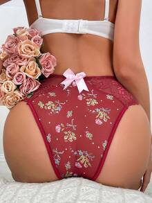 1pc Bowknot Decorated Lace Panel Triangle Panties Lingerie - Burgundy - View 2
