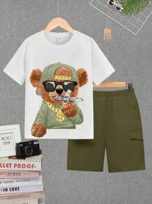 SHEIN Conjunto de 2 piezas de camiseta Teddy y pantalones cortos unicolor para niños preadolescentes