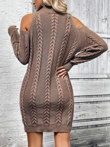 SHEIN Frenchy 女款露肩長袖毛衣裙 - 卡其色 - 查看 2