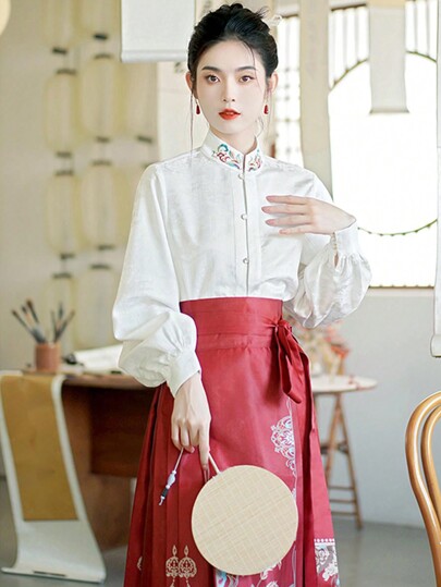 New Chinese Style Retro Women's Stand Collar Long Sleeve Embroidered Shirt (Hanfu) For Chinese New Year Celebration Or Other Occasions