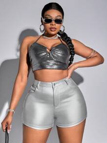 SHEIN SXY Plus Size Metallic Fabric Slim Fit Shorts - Silver - View 5