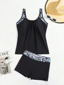 SHEIN Swim Summer Beach Women's Floral Printed Vest Style Tankini Set - Black - View 4