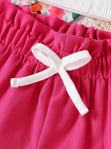 SHEIN 幼兒女童夏日度假風3件/套,包括長袖襯衫、簡約背心、時尚短褲 - 玫紅色 - 查看 4