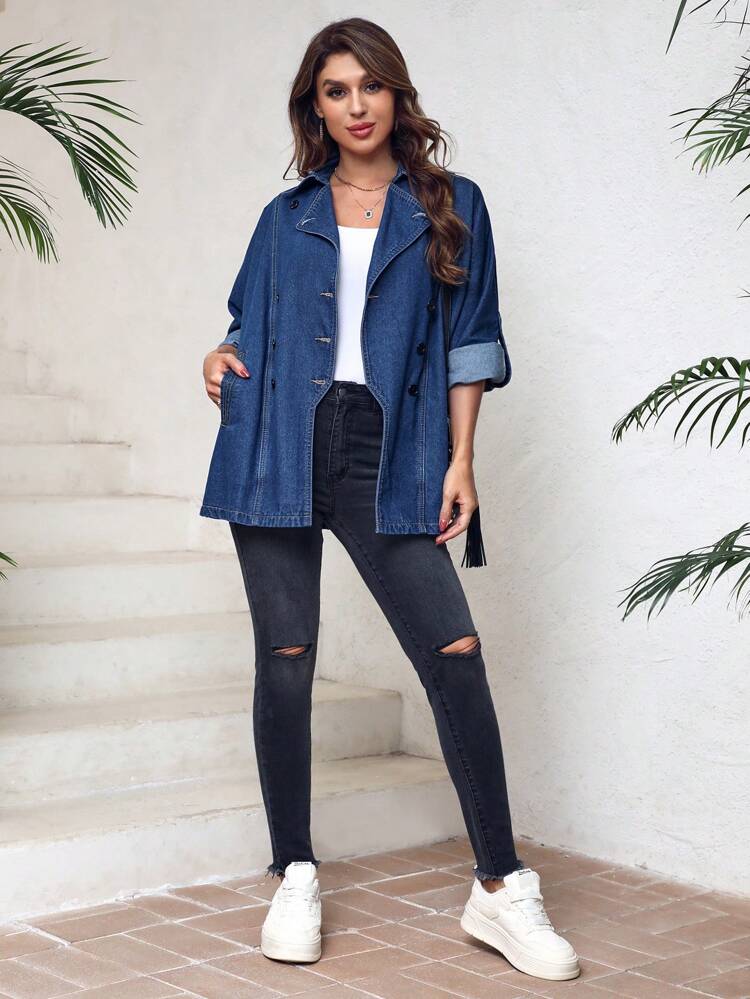 Women'S Denim Jacket With Turn-Down Collar And Rolled Cuffs