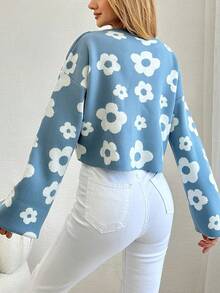 Flower Pattern Women Sweater - Blue - View 2