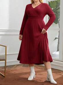 SHEIN Essnce Plus Size Women's Wrapped Neckline Cinched Waist Dress - Burgundy - View 1