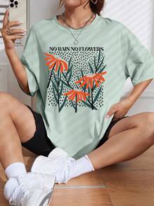 SHEIN EZwear 植物印花長款短袖t恤 - 薄荷綠 - 查看 6