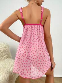 Heart Pattern Printed Wireless Sexy Lingerie Babydoll Dress With G-String, 2pcs/Set - Multicolor - View 2